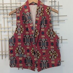VTG 90's Southwest Geometric Print Vest Women's Size L Cotton Boho Red Western